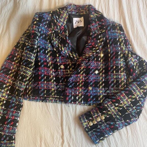 Zara Tweed Cropped Jacket - Multicolored Check, Size L - Picture 1 of 5